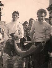 Mr Laity's family has been fishing for hundreds of years .On the left is Mylor man Clinton Powell and Mr Laity's father Dennis Laity in the late 1950s landing sharks, both their grandsons sell fish and shellfish at the Food Barn on Saturday mornings Mat